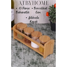 Bambu Silikonlu Kapaklı Borosilikat Cam Standlı Baharatlık - 250 Ml Baharat Takımı 13 Parça Kahverengi - Şeffaf