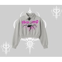 Beyaz Crop Yarım Fermuarlı Sweatshirt Autumn Spider Gri