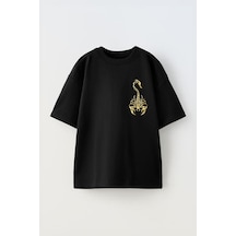 Thewert Unisex Altın Akrep Tasarım Baskılı Pamuk Sıyah Oversize T-shirt Siyah