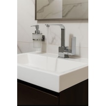 Rena Design Lavabo Bataryasi Krom Kare Banyo Lavabo Musluk Ağir Prinç Gövde Döner Boru Lüks Armatür Gümüş Gri