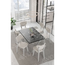 Avvio Lidyana Elma Sandalye 80x140 Yemek Masası Mutfak Masası 6 Kişilik Masa Sandalye Takım Siyah Mermer
