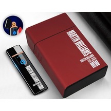 Bk Gift Kişiye Özel Kırmızı Sigara Tabakası ve Elektronik Dokunmatik Alevsiz Şarjlı Çakmak Seti 7