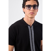 Siyah Polo Fermuar Yaka Düz Kısa Kollu Slim Fit Erkek Triko Siyah