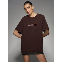 Unisex Paris Baskılı T-shirt Kahverengi
