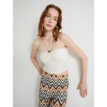 Koton Crop Üst Boyundan Bağlamalı Dokulu Ekru 4sak10558ek