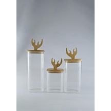 Boynuz Şekilli Bambu Kapaklı Cam Kavanoz Seti - Borosilikat Kavanoz Takımı - 3'lü Set - Kare Bambu