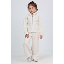 Toontoy Kids Toontoy Kız Çocuk 2'li Takım Gömlek Yaka Fermuarlı Cepli Sweatshirt & Beli Lastikli Bol Paça Eşofman Altı - Dokuma Şanel Tuvit Chanel Ekru