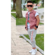 Riccotarz Erkek Çocuk Kaplan Detaylı T-shirt Sırt Baskılı Kolsuz Pudra Jean Ceket Kargo Cepli Alt Üst Takım Pudra