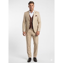 Erkek Çizgili Takım Elbise 3 Lü Set Ceket + Yelek + Pantolon Slim Fit İtalyan Tarz Açık Bej