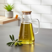 1 Adet 900 Ml Bambu Kapaklı Borosilikat Cam Yağlık Ve Sirkelik, Isıya Dayanıklı Ve Ölçekli Tasa Bambu Ve Şeffaf