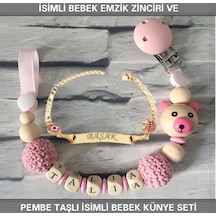 Sahi Aksesuar İsimli Bebek Emzik Zinciri ve İsimli Bebek Künye Seti BEZYI316 Pembe
