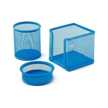 Mavi Perfore A Üstü Metal Üçlü Set Kalemlik Ataşlık Küp Blokdesk Organizer