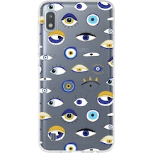 Samsung Galaxy A10 İle Uyumlu 1mm Slim Fit Nazar Boncuğu 2 Baskılı Şeffaf Kılıf Şeffaf