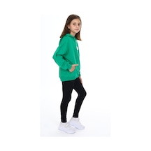 Toontoy Kids Toontoy Kız Çocuk 2'li Takım Baskılı Kapüşonlu Düşük Omuz Cepli Sweatshirt & Basic Düz Tayt Çimen Yeşili