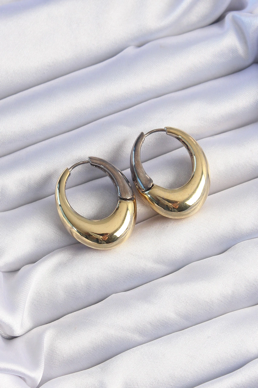 Pirinç Gold Gümüş Renkli Oval Bombeli Küpe Altın