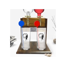 Kişiye Özel Renkli Baskılı Atatürk Temalı İkili Vodka Bardağı Ve Çift Musluklu Doğal Ahşap Vodka Standı-18