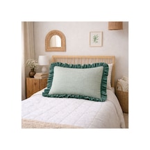 Fırfırlı Yastık Kılıfı Pötikare Desen Düz Renk Kenar Detaylı Tek Kişilik 50x70 Cm Yeşil