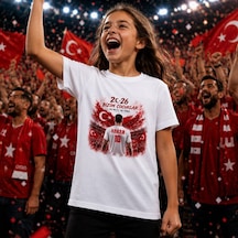 Bk Gift Kişiye Özel Türkiye Taraftar Temalı 2026 Dünya Kupası Tasarımlı Çocuk Tişört-2, Tek Yürek Milli Takım Ruhu Beyaz