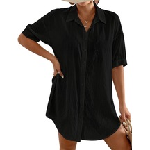 Yucama Kadın Mayosu Cover Up Shirt Elbise Kadınlar İçin Düğmeli Elbise P - Siyah