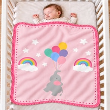 Uçan Fil Ve Gökkuşağı Serisi Çoban Dikişli %100 Polar Bebek Battaniyesi 80x100 CM Oeko-tex Açık Pembe