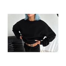 Kadın Bisiklet Yaka 3 İplik Pamuklu Basic Sweatshirt - Siyah