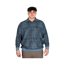 Mode Xl Büyük Beden Erkek Polo Yaka Sweatshirt Baskılı Selanik U24440 Mavi Mavi