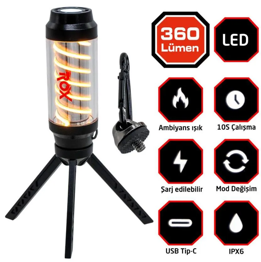 Rox 0265 Ambians Işıklı Şarjlı Kamp Feneri 360 Lümen Siyah