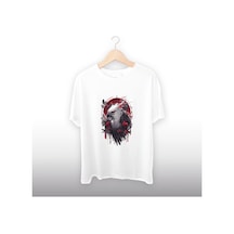 Kuş Çizimi Detaylı Unisex Tişört Beyaz