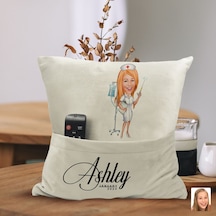Bk Gift Kişiye Özel Hemşire Karikatür Tasarımlı Organizer Kumanda Ve Atıştırmalık Cepli Sarı Kırlent Yastık-3 Arkadaşa Hediye, Cepli Yastık