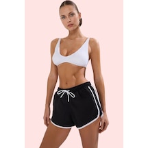 Ersefa Kadın Yazlık Şort Polyester Etnik Desen Boru Paça Rahat Kesim Gün Siyah - Beyaz