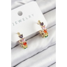 Pirinç Zirkon Taşlı Kalp Model Gold Renk Kadın Küpe Çok Renkli