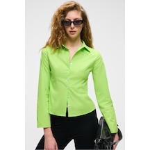 GRINNE Kadın Slim Gömlek Yaka Uzun Kollu İnce Uzun Fıstık Yeşili Gömlek