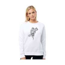 Iskelet Piston Baskılı Beyaz Kadın Sweatshirt