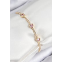 Pirinç Zirkon Taşlı Pembe Kalp Model Gold Renk Kadın Bileklik - Tj-bb7687 Gümüş