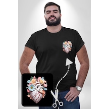 Angemiel Porselen Çiçek Kalp Siyah Büyük Beden Kadın Basic Minimal Baskılı Tişört Siyah