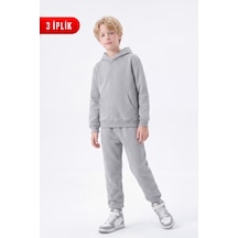 Fyk Kids 3 İplik Düz Kışlık Kanguru Cepli Kapüşonlu Erkek Çocuk Eşofman Takımı Gri