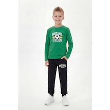Panios Kids Yuvarlak Yaka Sweatshirt Paça Lastikli Eşofman Alt Baskılı Uzun Kollu Erkek Çocuk Alt Üst Takım Yeşil