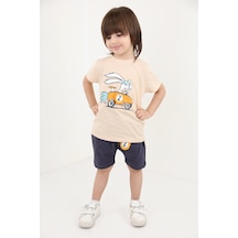 Toontoy Kids Toontoy Erkek Çocuk 2'li Takım Baskılı Bisiklet Yaka Tişört & Beli Lastikli Şort Bej
