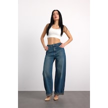 24350-73607 Kadın Baggy Fold Up Mıd Rıse Regular Denim Pantolon 24350-73607 Mavi - Siyah