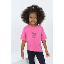 Toontoy Kids Toontoy Kız Çocuk Baskılı Bisiklet Yaka Kısa Kollu Tişört Fuşya