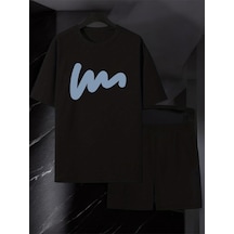 Uyguntarz Unisex W Yazı Tasarım Basklı Tshirt Şort Takımı Siyah