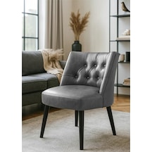 Waterybrook Berjer Sandalye - Kapitoneli Suni Deri - Siyah Ahşap Ayaklı - Retro Modern Tasarım Gri