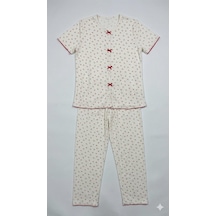 Sleeproom Yazlık Ekru Kiraz Desenli Kısa Kol Penye %100 Pamuk Pijama Takım