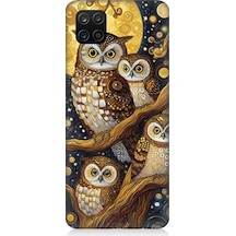 Samsung Galaxy A12 Uyumlu Altın Ayda Baykuşlar Desenli Silikon Kılıf Çok Renkli