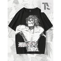 Tarzsokak X Attack On Titan Erkek Figürü Ve Japon Harfli Grafik Tişört Siyah
