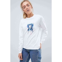 Watercolor Cat And Owl Baskılı Beyaz Kadın Sweatshirt