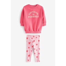 Lolliboomkids Kız Çocuk Pembe Süzene Sloganlı Kışlık 3 İplik Pamuklu Sweatshirt Kalpli Tayt Alt-üst Takım Pembe