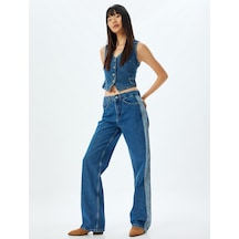 Koton Düz Paça Kot Pantolon Renk Bloklu Yüksek Bel Düğmeli Pamuklu - Longer Straight Fit Jean Orta İndigo 5wal40194md Indigo İndigo