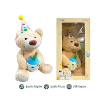 Peluş Doğum Günü Ayısı Sesli Işıklı Kutulu 40 Cm Krem