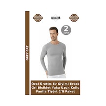Grey Cat Özel Üretim Ev Giyimi Erkek Gri Bisiklet Yaka Uzun Kollu Fanila Tişört 2'li Paket Gri 2